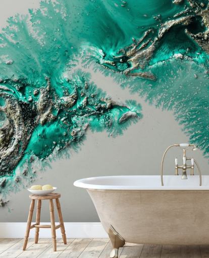 mural de pared verde azulado, dorado y gris llamado Admiral Connect de Petra Meikle de Vlas para dormitorios y baños