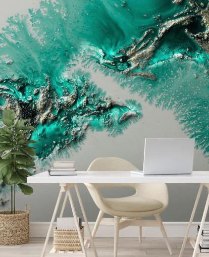 mural de pared verde azulado, dorado y gris llamado Admiral Connect de Petra Meikle de Vlas para dormitorios y baños