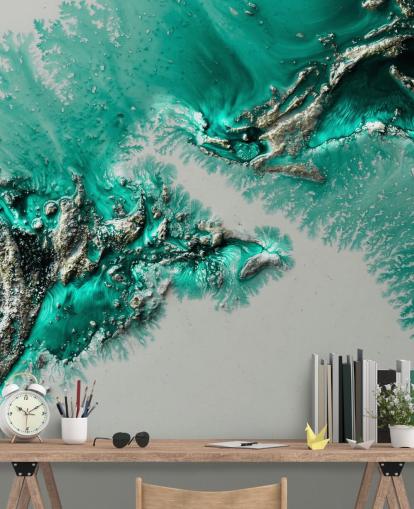 mural de pared verde azulado, dorado y gris llamado Admiral Connect de Petra Meikle de Vlas para dormitorios y baños