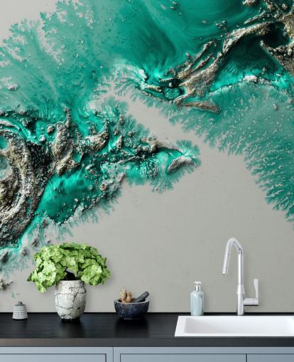 mural de pared verde azulado, dorado y gris llamado Admiral Connect de Petra Meikle de Vlas para dormitorios y baños