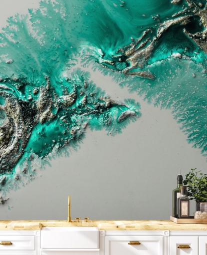 mural de parede azul-petróleo, dourado e cinza chamado Admiral Connect de Petra Meikle de Vlas para quartos e banheiros