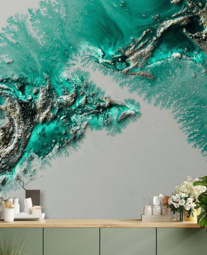 mural de pared verde azulado, dorado y gris llamado Admiral Connect de Petra Meikle de Vlas para dormitorios y baños