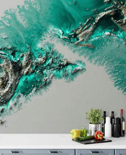 murale verde acqua, oro e grigio chiamato Admiral Connect di Petra Meikle de Vlas per camere da letto e bagni