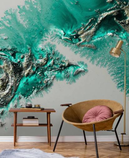 mural de pared verde azulado, dorado y gris llamado Admiral Connect de Petra Meikle de Vlas para dormitorios y baños