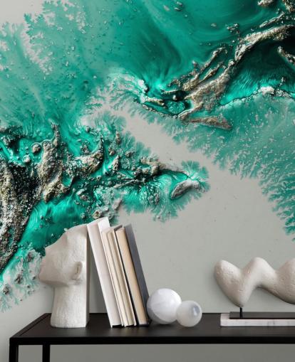 murale verde acqua, oro e grigio chiamato Admiral Connect di Petra Meikle de Vlas per camere da letto e bagni