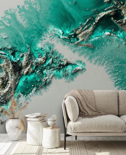 murale verde acqua, oro e grigio chiamato Admiral Connect di Petra Meikle de Vlas per camere da letto e bagni