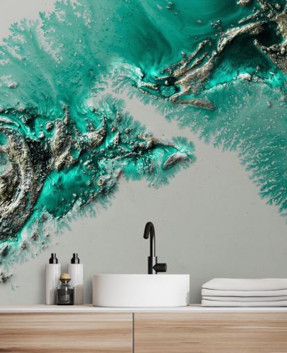 mural de parede azul-petróleo, dourado e cinza chamado Admiral Connect de Petra Meikle de Vlas para quartos e banheiros