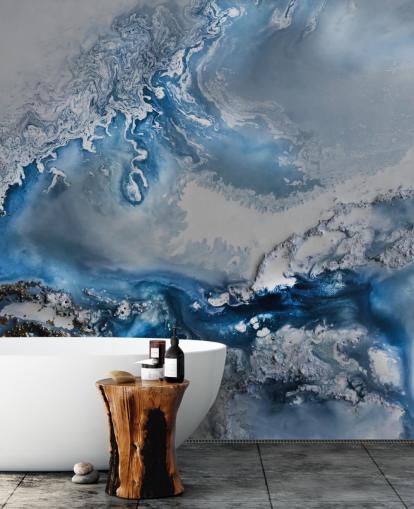 blue and white customizable abstract wallpaper mural called Arctic Waters by Petra Meikle de Vlas