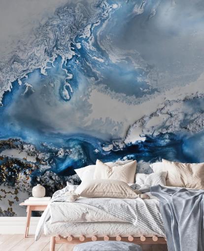 blauw-wit aanpasbare abstracte behangmuurschildering genaamd Arctic Waters van Petra Meikle de Vlas