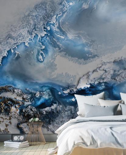 blått og hvitt tilpassbart abstrakt tapetmaleri kalt Arctic Waters av Petra Meikle de Vlas blått og hvitt tilpassbart abstrakt tapetmaleri kalt Arctic Waters av Petra Meikle de Vlas