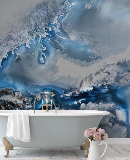 Blau-weißes, personalisierbares abstraktes Tapeten-Wandbild mit dem Titel Arctic Waters von Petra Meikle de Vlas