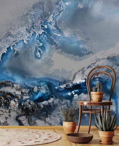 mural de papel pintado abstracto personalizable en blanco y azul llamado Arctic Waters de Petra Meikle de Vlas