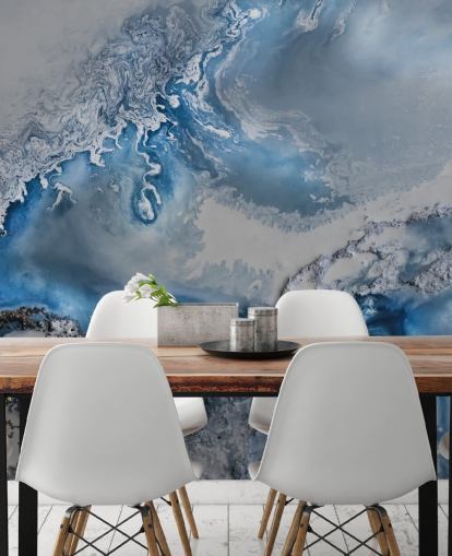 mural de papel pintado abstracto personalizable en blanco y azul llamado Arctic Waters de Petra Meikle de Vlas