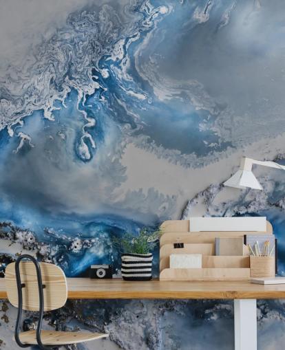 blue and white customisable abstract wallpaper mural called Arctic Waters by Petra Meikle de Vlas