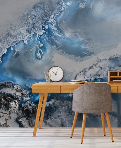 mural de papel pintado abstracto personalizable en blanco y azul llamado Arctic Waters de Petra Meikle de Vlas