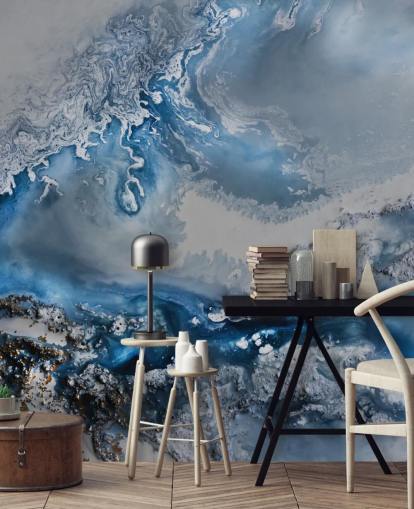 blue and white customizable abstract wallpaper mural called Arctic Waters by Petra Meikle de Vlas