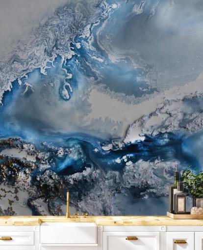 blue and white customisable abstract wallpaper mural called Arctic Waters by Petra Meikle de Vlas