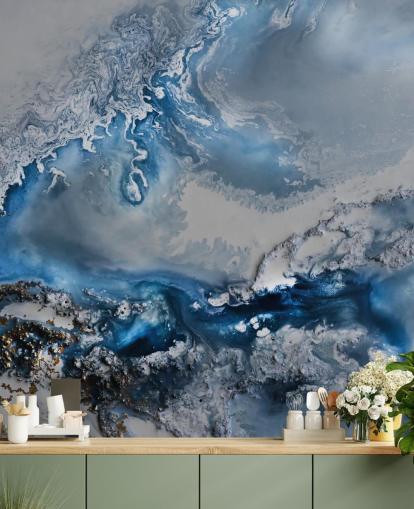 papier peint mural abstrait personnalisable bleu et blanc appelé Arctic Waters par Petra Meikle de Vlas