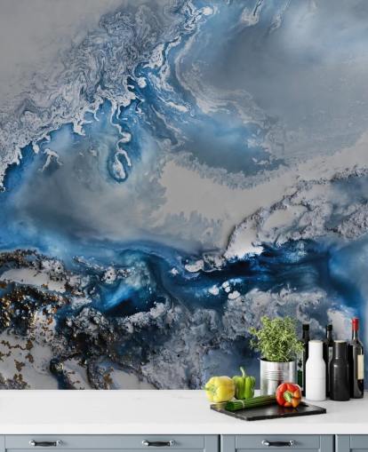 blauw-wit aanpasbare abstracte behangmuurschildering genaamd Arctic Waters van Petra Meikle de Vlas