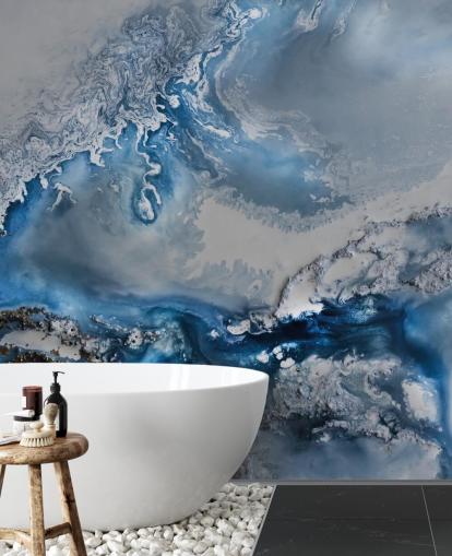 papier peint mural abstrait personnalisable bleu et blanc appelé Arctic Waters par Petra Meikle de Vlas
