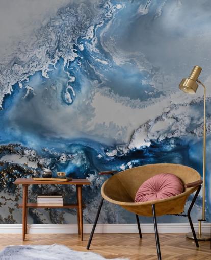 mural de papel pintado abstracto personalizable en blanco y azul llamado Arctic Waters de Petra Meikle de Vlas