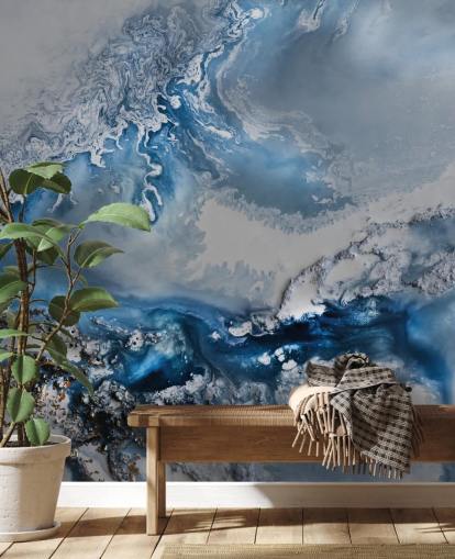 Blau-weißes, personalisierbares abstraktes Tapeten-Wandbild mit dem Titel Arctic Waters von Petra Meikle de Vlas