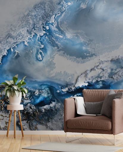 Blau-weißes, personalisierbares abstraktes Tapeten-Wandbild mit dem Titel Arctic Waters von Petra Meikle de Vlas
