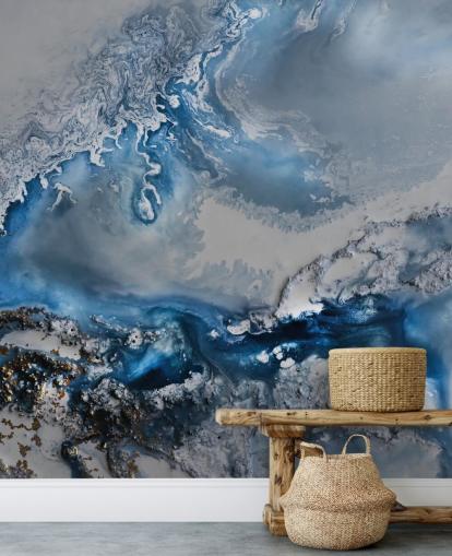 blue and white customisable abstract wallpaper mural called Arctic Waters by Petra Meikle de Vlas