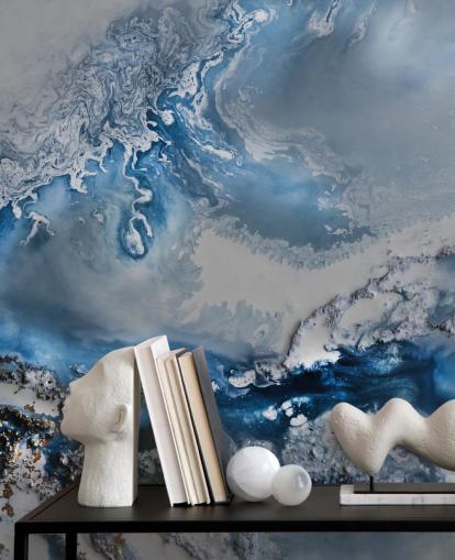 mural de papel de parede abstrato personalizável em azul e branco chamado Arctic Waters de Petra Meikle de Vlas