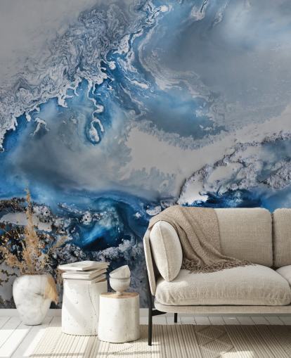 blue and white customisable abstract wallpaper mural called Arctic Waters by Petra Meikle de Vlas