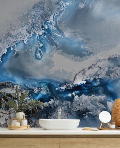 blue and white customisable abstract wallpaper mural called Arctic Waters by Petra Meikle de Vlas