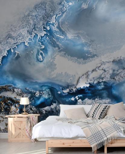 mural de papel pintado abstracto personalizable en blanco y azul llamado Arctic Waters de Petra Meikle de Vlas mural de papel pintado abstracto personalizable en blanco y azul llamado Arctic Waters de Petra Meikle de Vlas