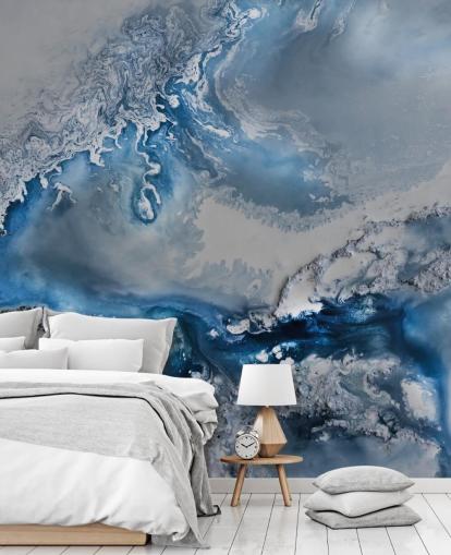 blauw-wit aanpasbare abstracte behangmuurschildering genaamd Arctic Waters van Petra Meikle de Vlas