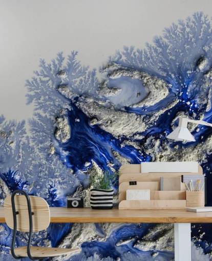 donkerblauwe en gouden muurschildering op maat genaamd Azure Escape van Petra Meikle de Vlas voor slaapkamers en badkamers donkerblauwe en gouden muurschildering op maat genaamd Azure Escape van Petra Meikle de Vlas voor slaapkamers en badkamers