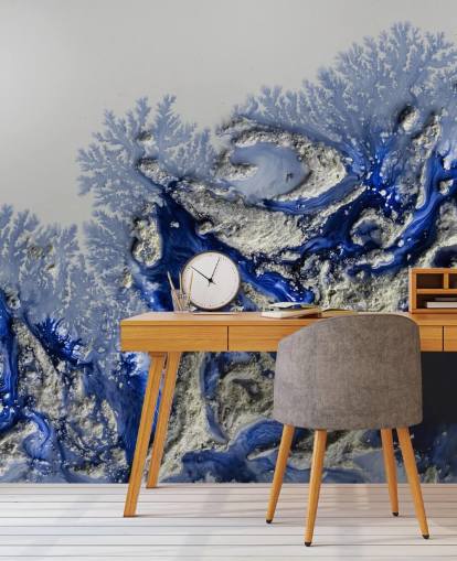 donkerblauwe en gouden muurschildering op maat genaamd Azure Escape van Petra Meikle de Vlas voor slaapkamers en badkamers donkerblauwe en gouden muurschildering op maat genaamd Azure Escape van Petra Meikle de Vlas voor slaapkamers en badkamers