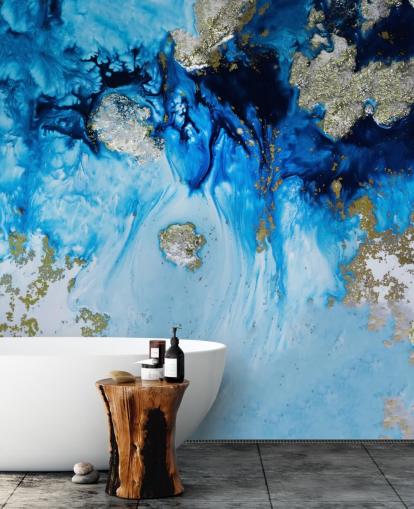 mural de pared personalizado azul y dorado llamado Blue Haven Reef para baños y dormitorios