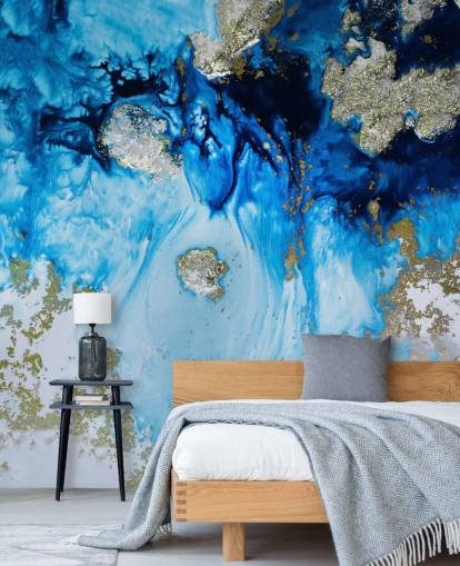 mural de parede personalizado azul e dourado chamado Blue Haven Reef para banheiros e quartos