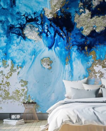 mural de pared personalizado azul y dorado llamado Blue Haven Reef para baños y dormitorios