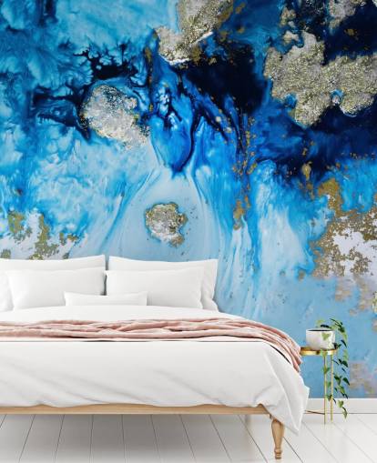 blue and gold custom wall mural called Blue Haven Reef for bathrooms and bedrooms