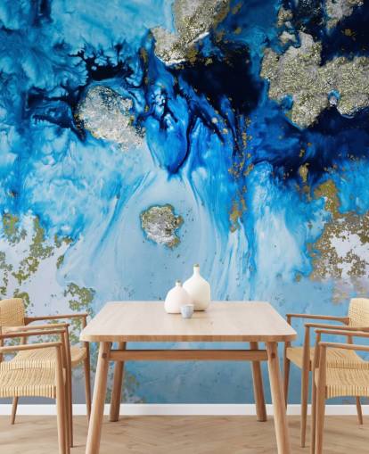 mural de pared personalizado azul y dorado llamado Blue Haven Reef para baños y dormitorios