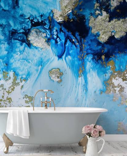 blue and gold custom wall mural called Blue Haven Reef for bathrooms and bedrooms