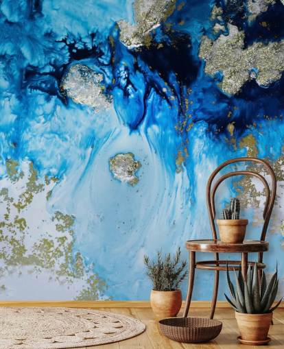 mural de pared personalizado azul y dorado llamado Blue Haven Reef para baños y dormitorios