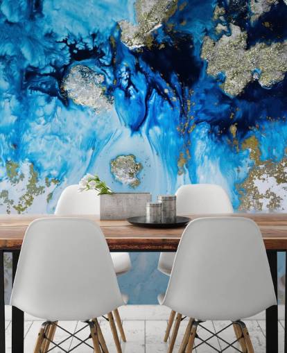 blå och guld anpassad väggmålning som heter Blue Haven Reef för badrum och sovrum