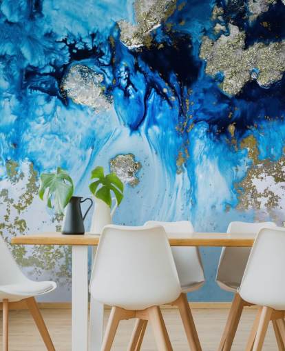 mural de pared personalizado azul y dorado llamado Blue Haven Reef para baños y dormitorios mural de pared personalizado azul y dorado llamado Blue Haven Reef para baños y dormitorios