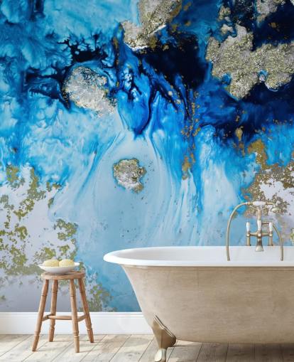 mural de pared personalizado azul y dorado llamado Blue Haven Reef para baños y dormitorios