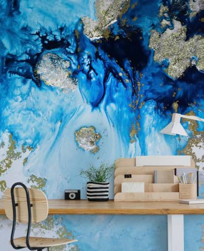 blå och guld anpassad väggmålning som heter Blue Haven Reef för badrum och sovrum blå och guld anpassad väggmålning som heter Blue Haven Reef för badrum och sovrum