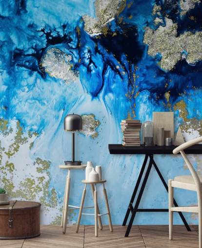 blå og guld brugerdefineret vægmaleri kaldet Blue Haven Reef til badeværelser og soveværelser blå og guld brugerdefineret vægmaleri kaldet Blue Haven Reef til badeværelser og soveværelser