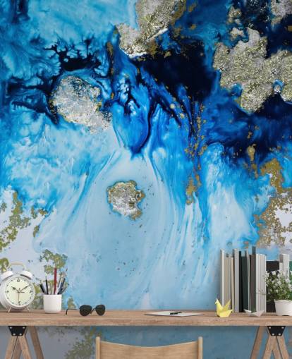 blue and gold custom wall mural called Blue Haven Reef for bathrooms and bedrooms