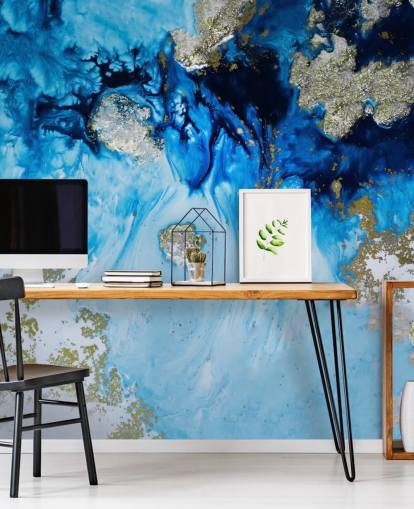 blått og gull tilpasset veggmaleri kalt Blue Haven Reef for bad og soverom