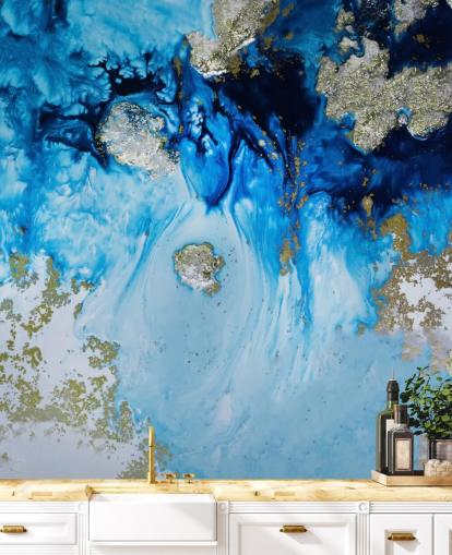 blauwe en gouden muurschildering op maat genaamd Blue Haven Reef voor badkamers en slaapkamers